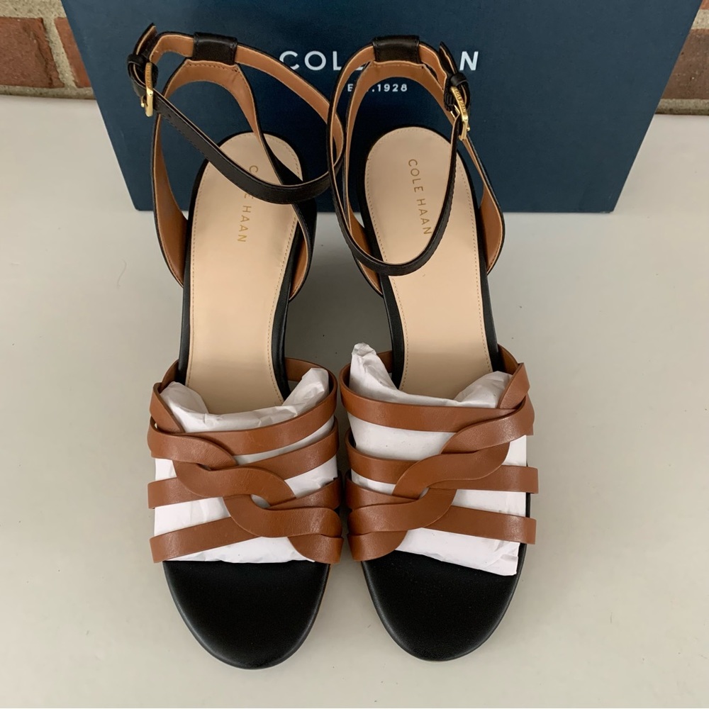 Cole Haan Myra Grand Wedge Sandals Women’s US 11 M Braided Black/Tan Leather NEW - Picture 2 of 8